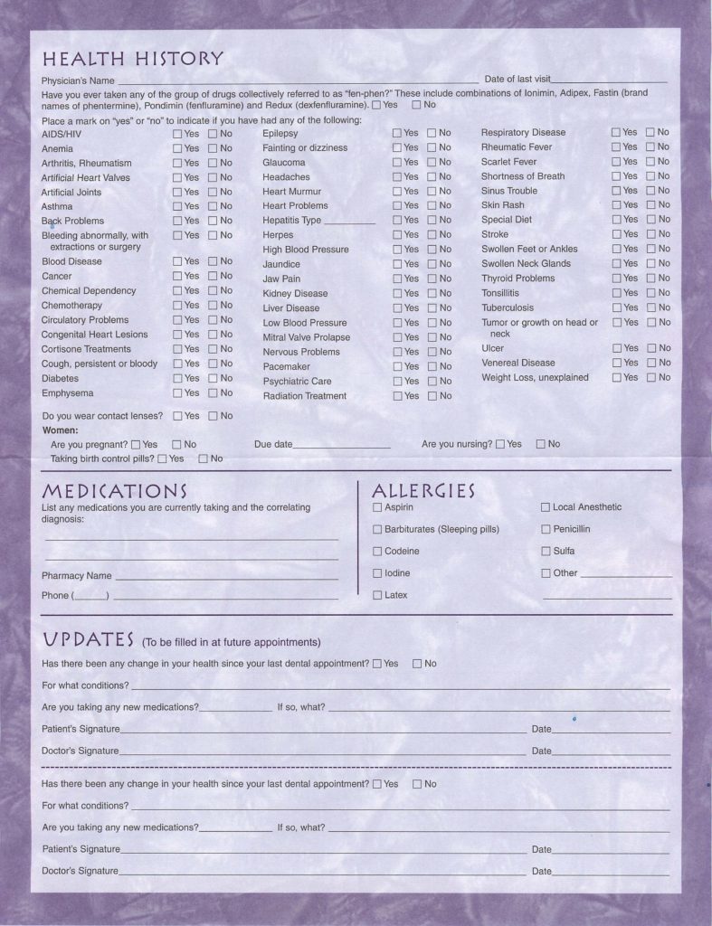 New patient heath history form